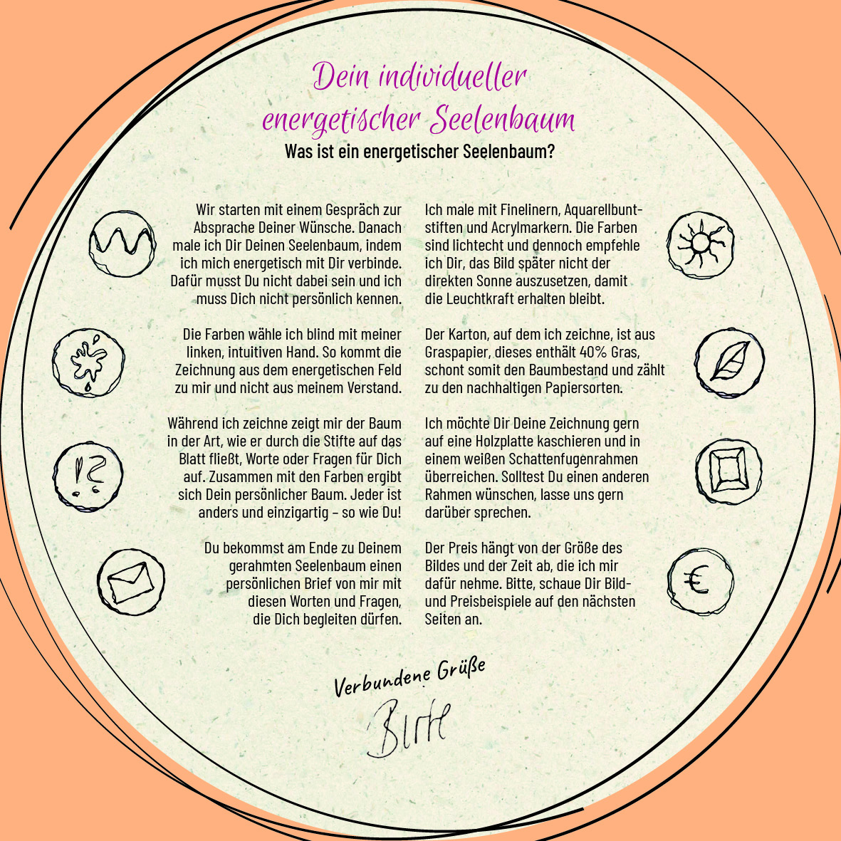 Im Textform wird erklärt, was ein energetischer Seelenbaum ist, welche Materialien zum Einsatz kommen und dass die Preise auf der nächsten Seite folgen.