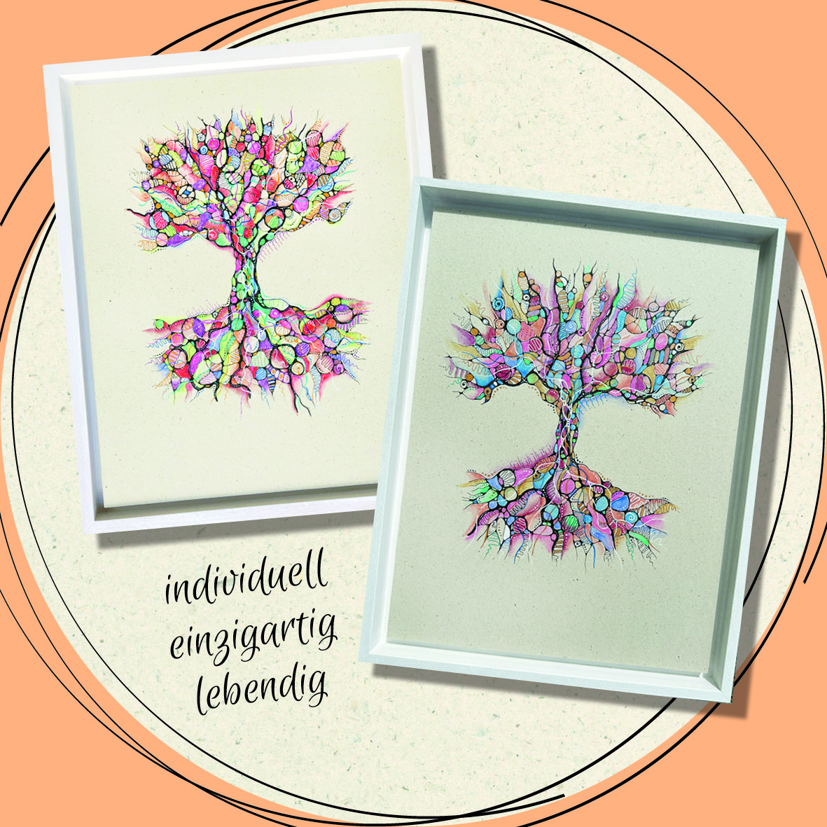 Abbild von zwei originalen Seelenbäumen gerahmt im Schattenfugenrahmen mit Text der lautet: individuell, einzigartig, lebendig.